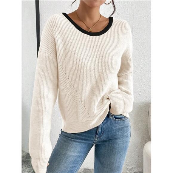 Women's Contrast Color Trim Bow Decor Back Split Sweater - Picture 2 of 7